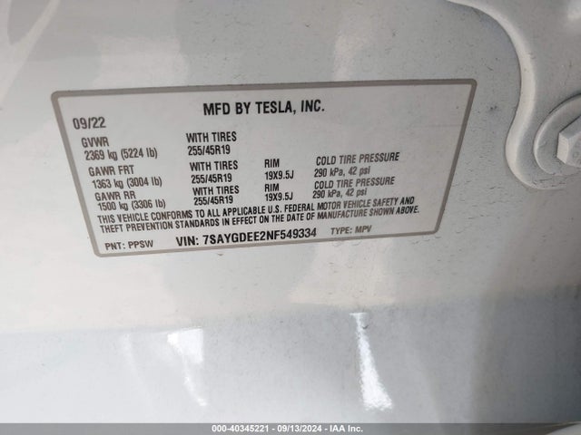 2022 TESLA MODEL Y 7SAYGDEE2NF549334 Photo 8