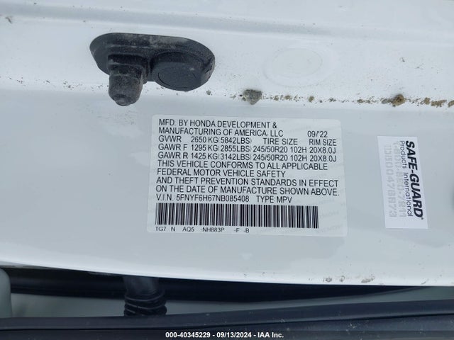 Honda Pilot Awd Touring 7 Passenger 2022 5FNYF6H67NB085408 Image 9