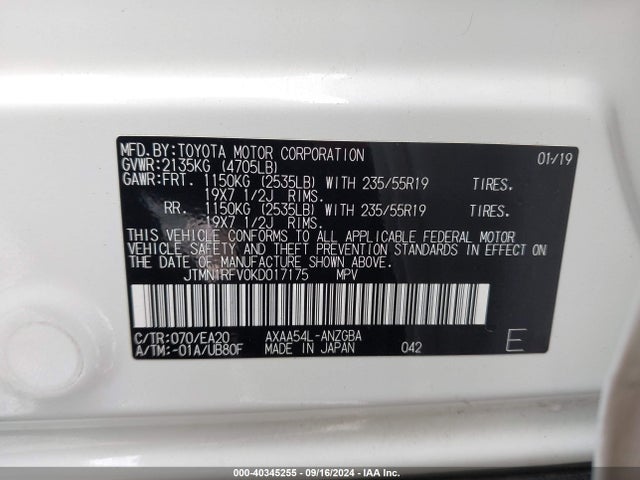 Toyota Rav4 Limited 2019 JTMN1RFV0KD017175 Image 9