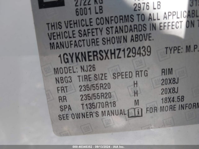1GYKNERSXHZ129439 Cadillac Xt5 Premium Luxury