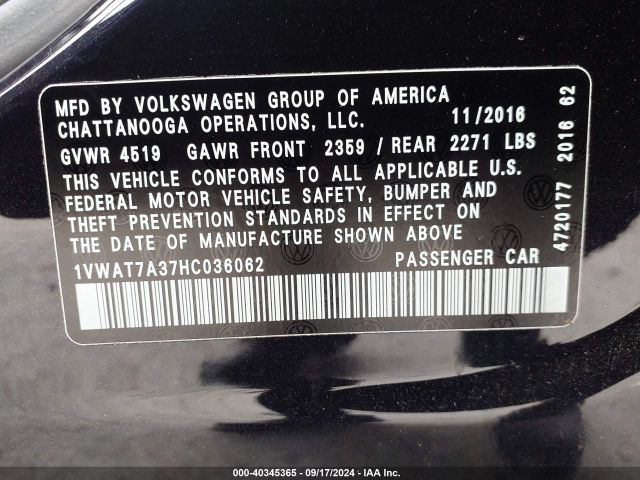 1VWAT7A37HC036062 Volkswagen Passat 1.8t S