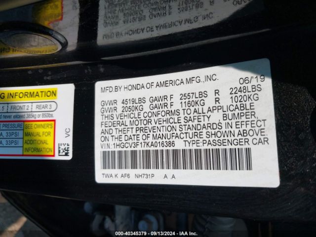 1HGCV3F17KA016386 Honda ACCORD HYBRID