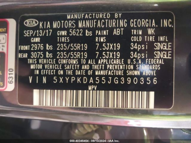 5XYPKDA55JG390356 KIA Sorento 3.3l Sx
