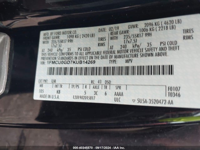 Ford ESCAPE SE 2019 1FMCU0GD7KUB14269 Image 9