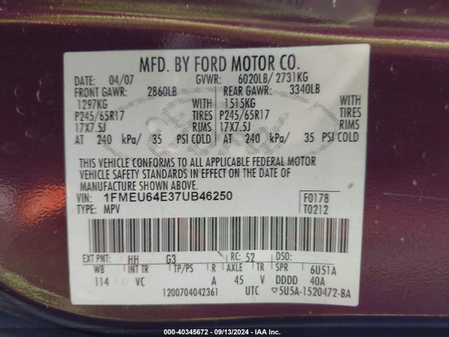 40345672 :رقم المزاد ، 1FMEU64E37UB46250 vin ، 2007 Ford Explorer Eddie Bauer مزاد بيع