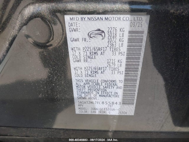 Nissan ROGUE SV 2015 5N1AT2ML7FC855843 Image 9