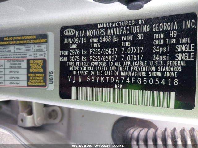KIA Sorento Lx V6 2015 5XYKTDA74FG605418 Image 9