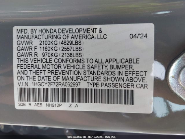 1HGCY2F72RA062997 Honda Accord Hybrid Sport-l