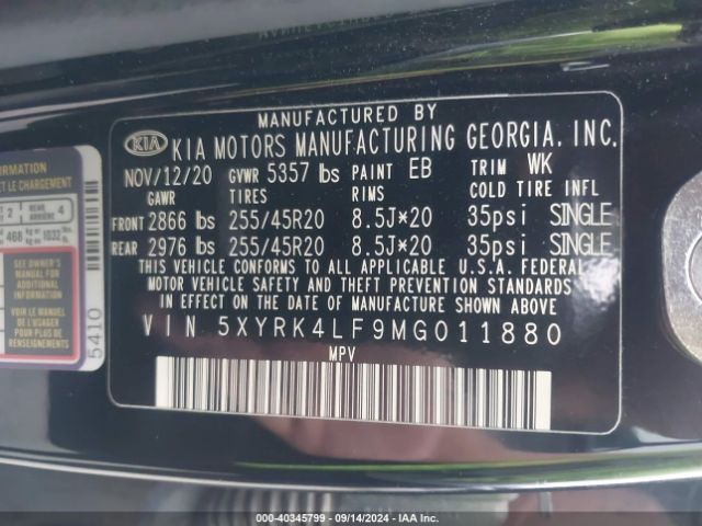 5XYRK4LF9MG011880 KIA SORENTO SX