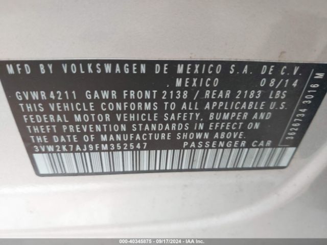 3VW2K7AJ9FM352547 Volkswagen Jetta 2.0l S