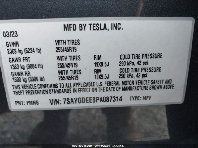 7SAYGDEE8PA087314 Tesla Model Y Awd/long Range Dual Motor All-wheel Drive