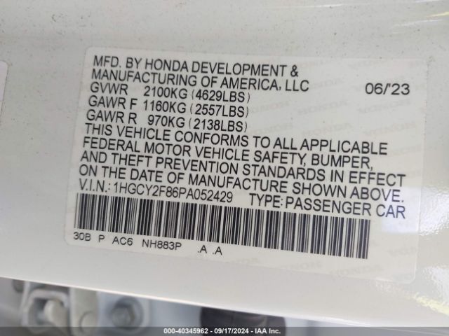 1HGCY2F86PA052429 Honda Accord Hybrid Touring