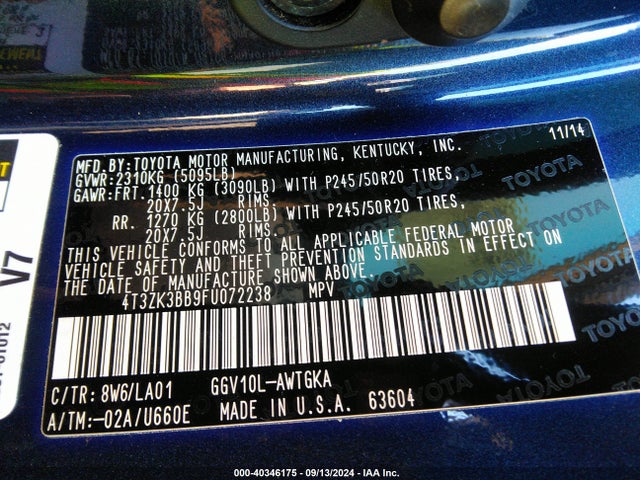 4T3ZK3BB9FU072238 Toyota Venza Xle V6