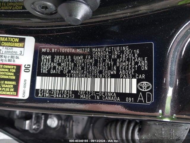 Toyota COROLLA LE 2016 2T1BURHE9GC708765 Image 9