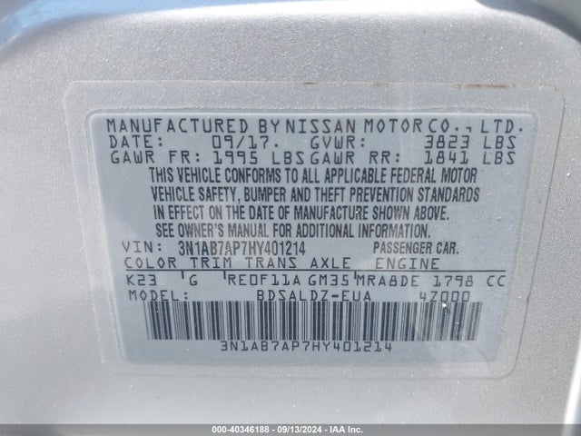 Nissan SENTRA SV 2017 3N1AB7AP7HY401214 Image 9