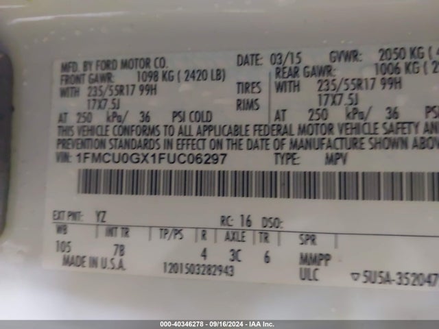 Ford ESCAPE SE 2015 1FMCU0GX1FUC06297 Image 9
