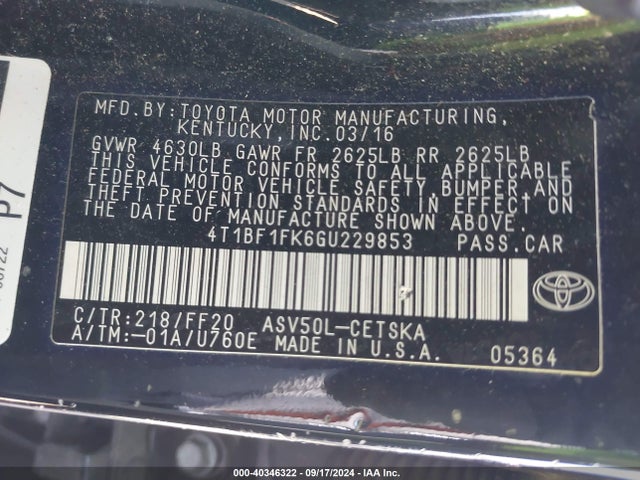 Toyota CAMRY SE 2016 4T1BF1FK6GU229853 Image 9
