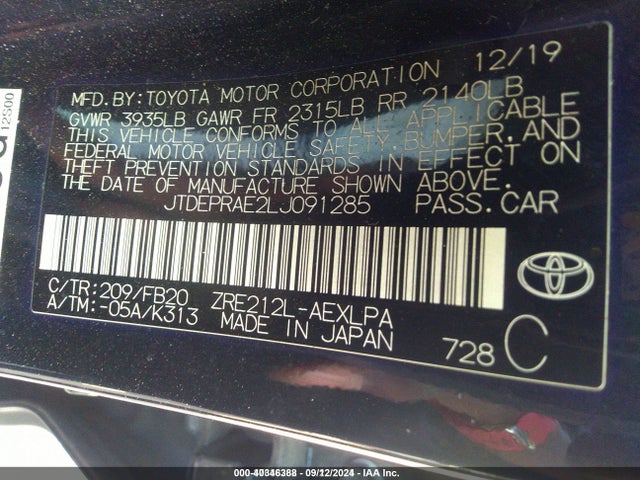 Toyota COROLLA LE 2020 JTDEPRAE2LJ091285 Image 9