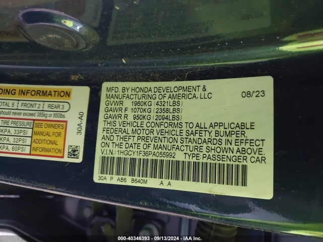 Honda ACCORD EX 2023 1HGCY1F36PA055992 Image 9