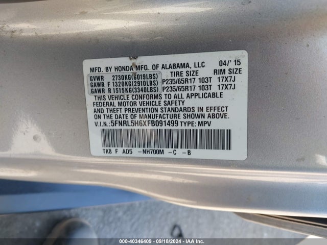 Honda Odyssey Ex-l 2015 5FNRL5H6XFB091499 Image 9