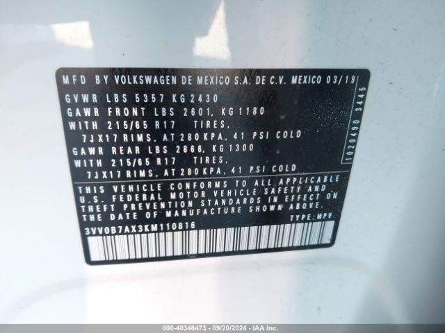 3VV0B7AX3KM110816 Volkswagen Tiguan 2.0t S
