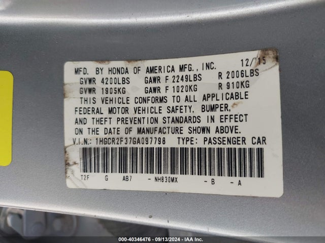 Honda ACCORD LX 2016 1HGCR2F37GA097798 Image 9