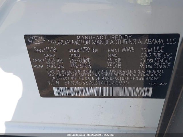 5NMS33AD1KH040920 Hyundai Santa Fe Sel Plus