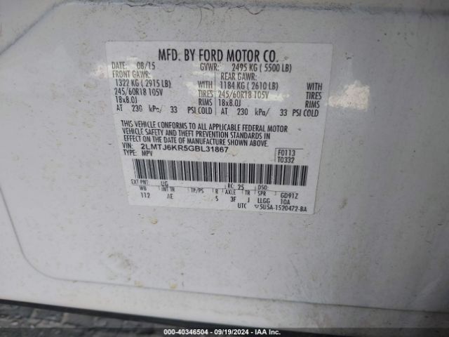 2LMTJ6KR5GBL31867 Lincoln Mkx Select