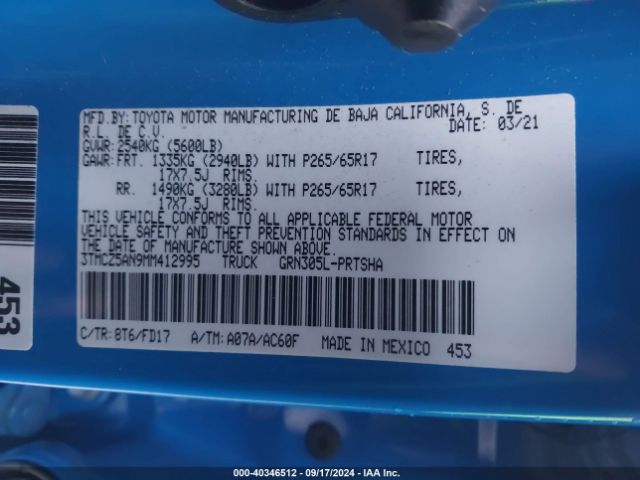 3TMCZ5AN9MM412995 Toyota Tacoma Trd Sport