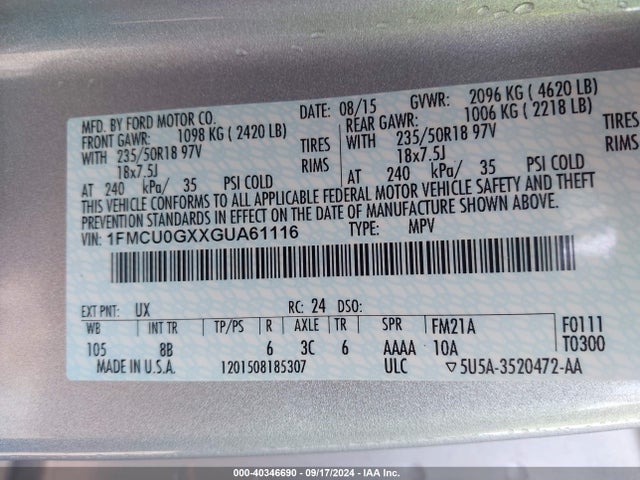 Ford ESCAPE SE 2016 1FMCU0GXXGUA61116 Image 9