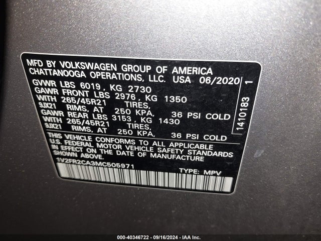 1V2FR2CA3MC505971 Volkswagen Atlas 3.6l V6 Sel Premium R-line