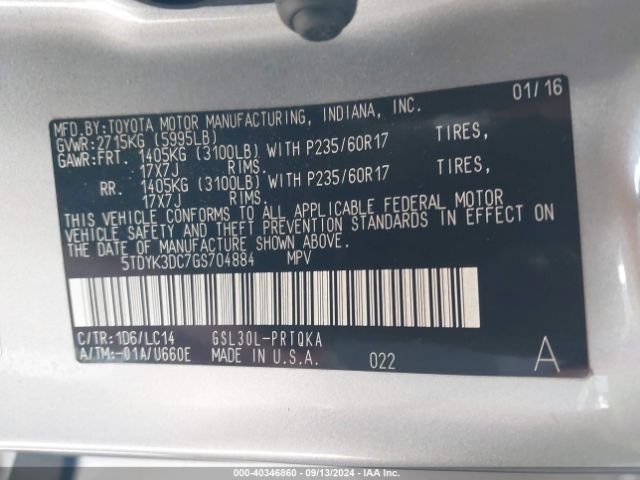 5TDYK3DC7GS704884 Toyota Sienna Xle 8 Passenger