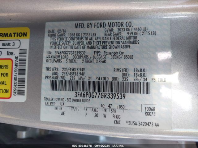 3FA6P0G77GR339539 Ford FUSION S