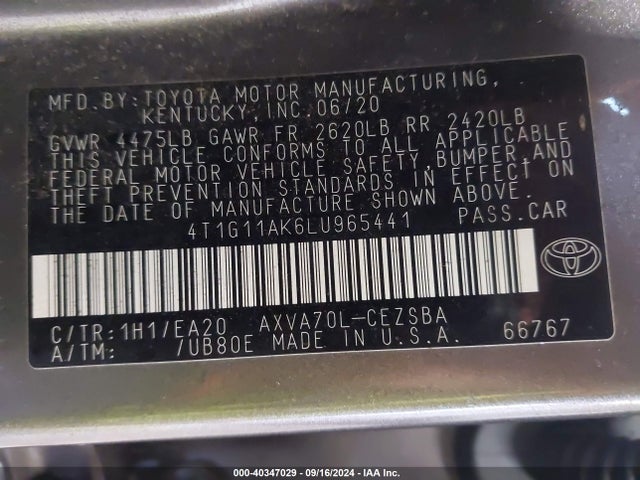 Toyota CAMRY SE 2020 4T1G11AK6LU965441 Image 9