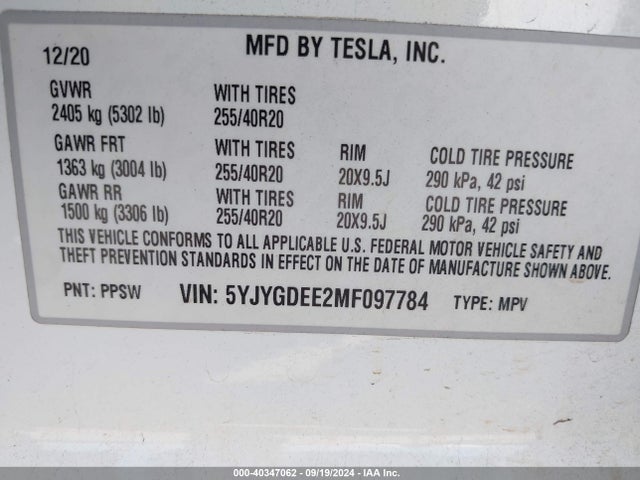 2021 TESLA MODEL Y 5YJYGDEE2MF097784 Photo 8