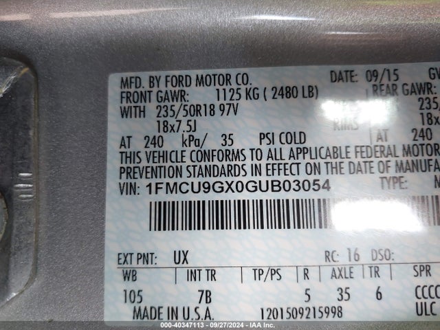 Ford ESCAPE SE 2016 1FMCU9GX0GUB03054 Image 9