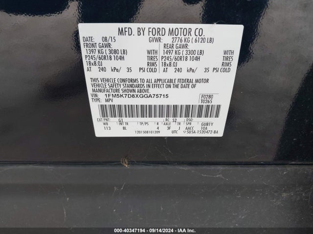 Ford EXPLORER XLT 2016 1FM5K7D8XGGA75715 Image 9