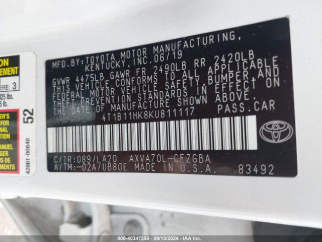 4T1B11HK8KU811117 Toyota CAMRY XLE