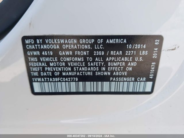 1VWAT7A39FC042779 Volkswagen Passat 1.8t Wolfsburg Edition