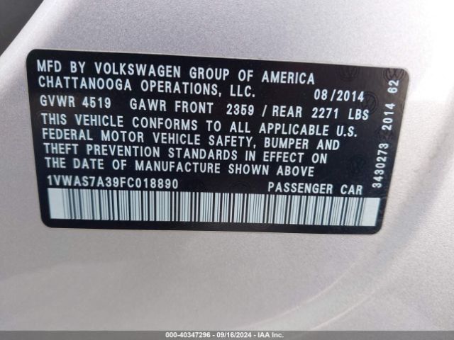 1VWAS7A39FC018890 Volkswagen Passat 1.8t Wolfsburg Edition