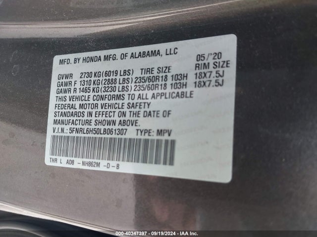 Honda ODYSSEY EX 2020 5FNRL6H50LB061307 Image 9