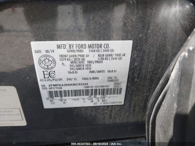 2FMPK4J9XKBC53322 Ford EDGE SEL