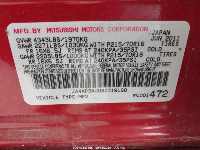 2011 MITSUBISHI OUTLANDER SPORT JA4AP3AU0BZ019160 Photo 8