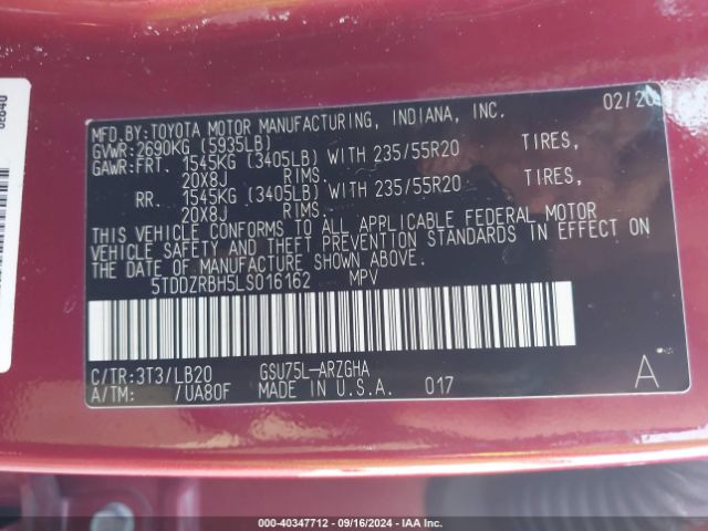 5TDDZRBH5LS016162 Toyota Highlander Limited