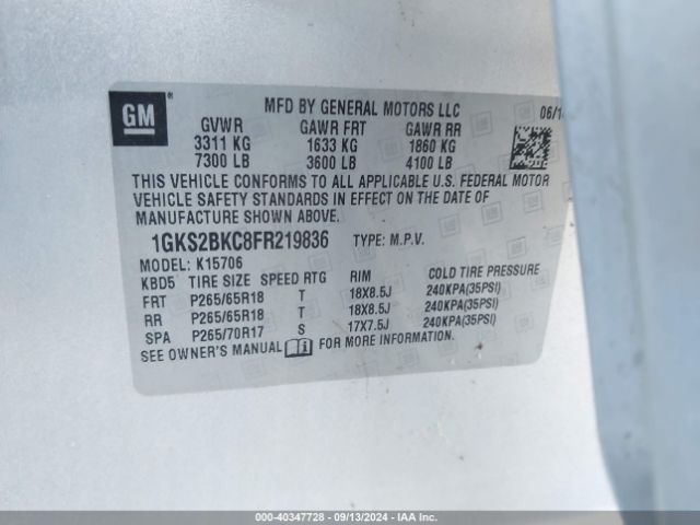 1GKS2BKC8FR219836 GMC YUKON SLT