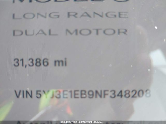 5YJ3E1EB9NF348208 Tesla Model 3 Long Range Dual Motor All-wheel Drive