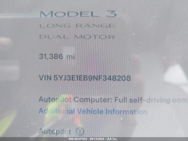5YJ3E1EB9NF348208 Tesla Model 3 Long Range Dual Motor All-wheel Drive