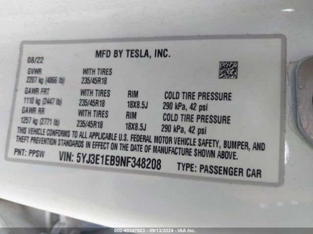 5YJ3E1EB9NF348208 Tesla Model 3 Long Range Dual Motor All-wheel Drive