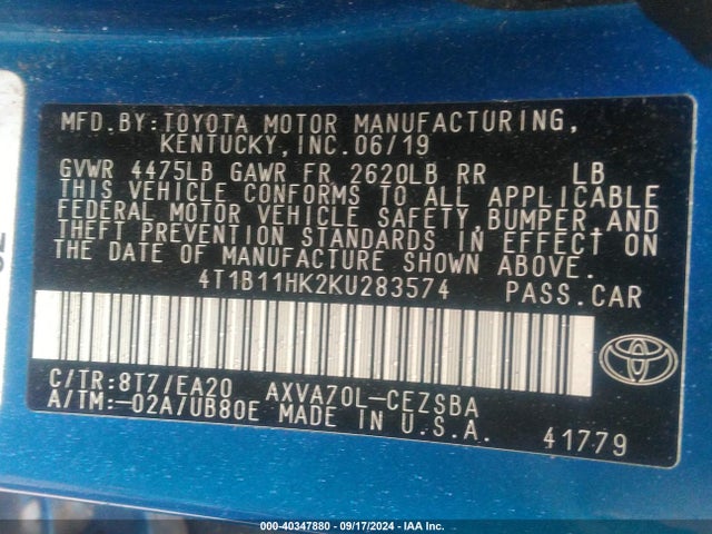 Toyota CAMRY SE 2019 4T1B11HK2KU283574 Image 9