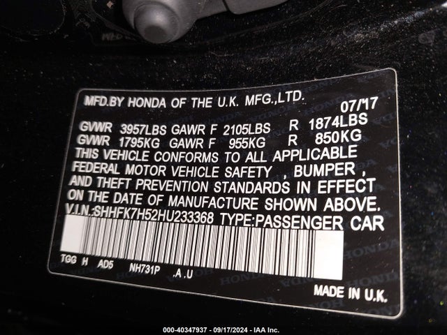 SHHFK7H52HU233368 Honda CIVIC EX